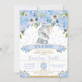 Invitación Elephant Blue Floral Baby Shower Boy Mamá y Bebé