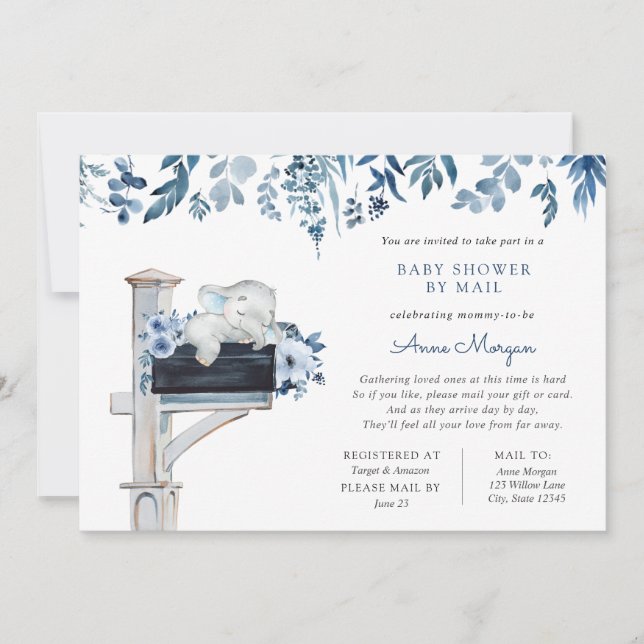 Invitación Elephant Blue Flowers Baby Shower por correo (Anverso)