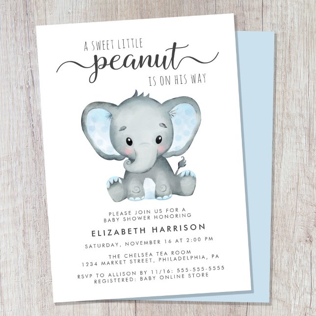 Invitación Elephant Blue Watercolor Baby Boy Shower (Cute sweet little peanut baby boy shower invitation)