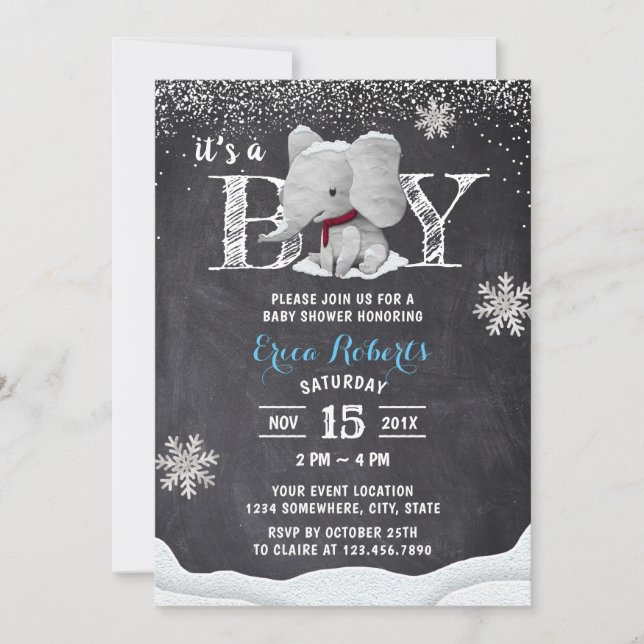 Invitación Elephant Boy Rustic Winter Snowflakes Baby Shower (Anverso)