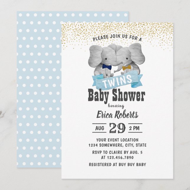Invitación Elephant Boy Twins Gold Confetti Baby Shower (Anverso / Reverso)