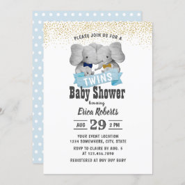 Invitación Elephant Boy Twins Gold Confetti Baby Shower