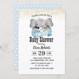 Invitación Elephant Boy Twins Gold Confetti Baby Shower