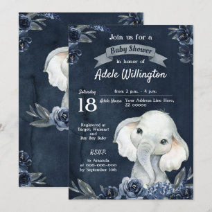 Invitación Elephant Boy Watercolor Floral Marina Azul Bebé