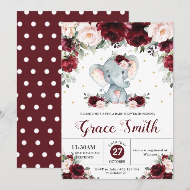 Invitación Elephant Burgundy Rubor Floral Baby Shower Chica (Anverso / Reverso)