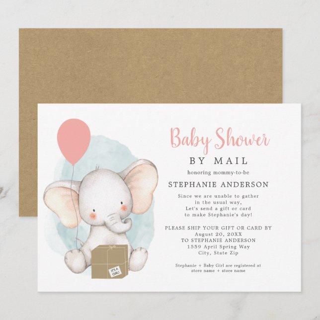 Invitación Elephant Chica Baby Shower por correo (Anverso / Reverso)