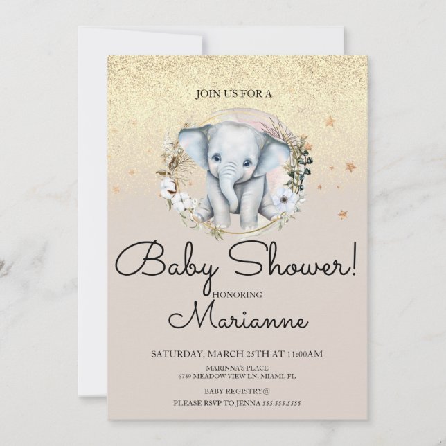 Invitación Elephant Chica Boy Baby Shower Faux Gold Purpurina (Anverso)
