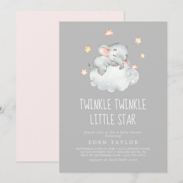 Invitación Elephant Chica | Gray Twinkle Twinkle Little Star (Anverso / Reverso)