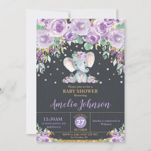 Invitación Elephant Cute Purple Floral Baby Shower Baby Girl (Anverso)