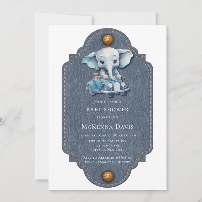 Invitación Elephant Denim Vintage Car Boy Baby Shower (Anverso)