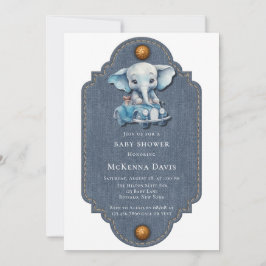 Invitación Elephant Denim Vintage Car Boy Baby Shower