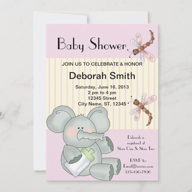 Invitación Elephant Dragonfly banda rosa Baby Shower (Anverso)