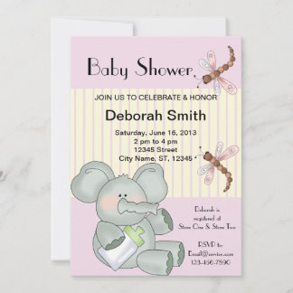 Invitación Elephant Dragonfly banda rosa Baby Shower