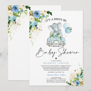 Invitación Elephant Drive By Baby Shower Invitation Blue