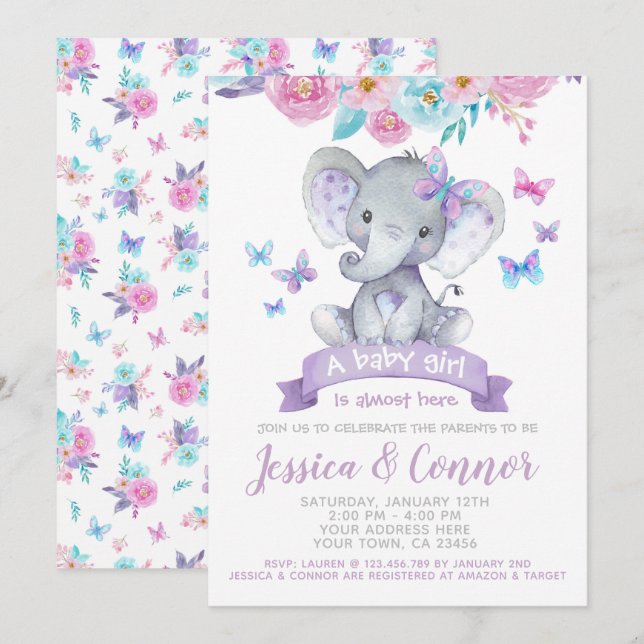 Invitación Elephant Floral Baby Shower (Anverso / Reverso)