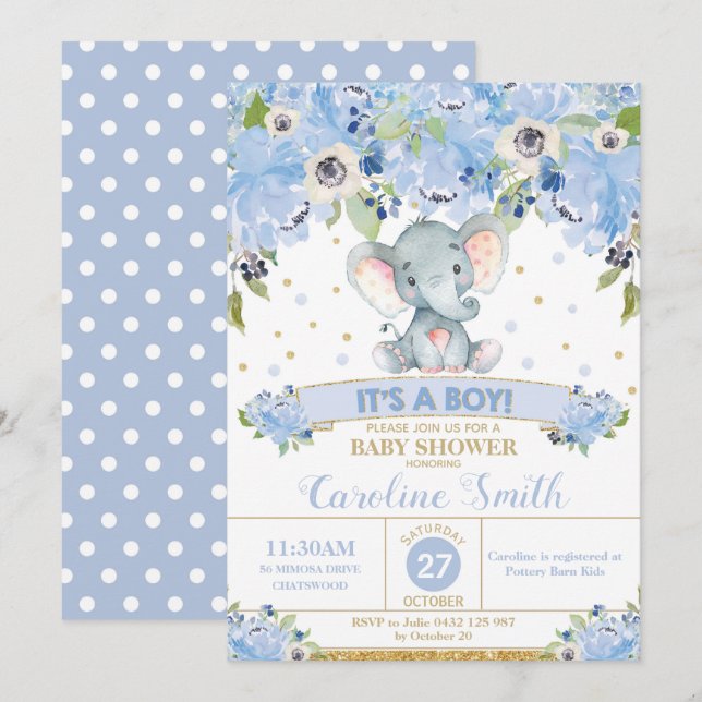 Invitación Elephant Floral Baby Shower Invitation Boy (Anverso / Reverso)