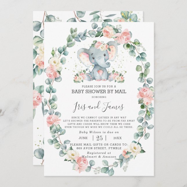 Invitación Elephant Floral Greenery Baby Shower por Mail Chic (Anverso / Reverso)