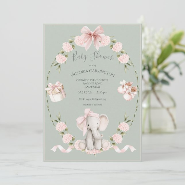Invitación Elephant Floral Hydrangeas Sage Girl Baby Shower (Anverso de pie)