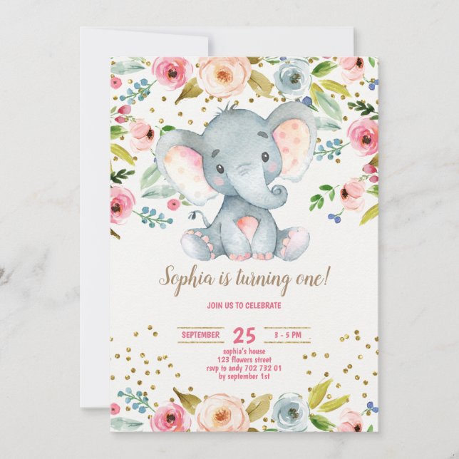 Invitación Elephant Floral Rustic Chica Primer cumpleaños Rub (Anverso)