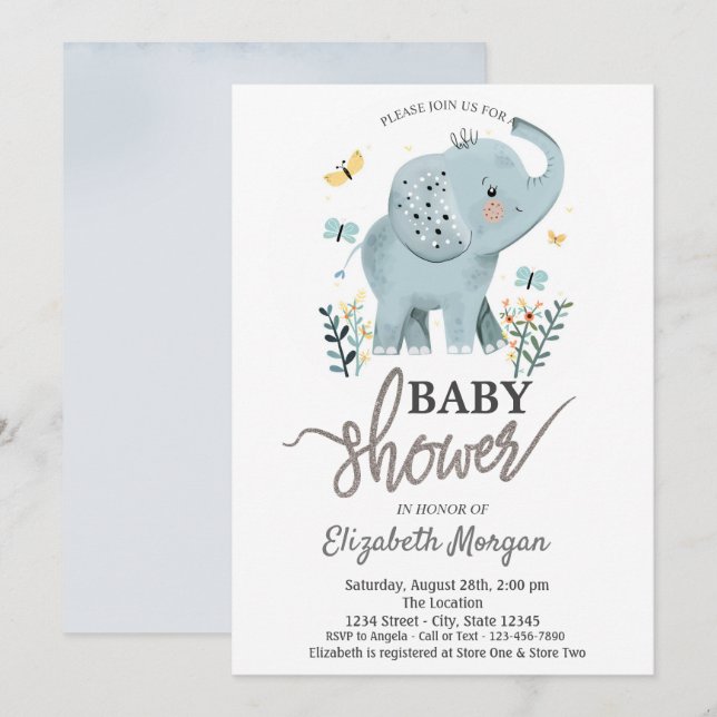 Invitación Elephant Flowers Butterflies Baby Shower (Anverso / Reverso)