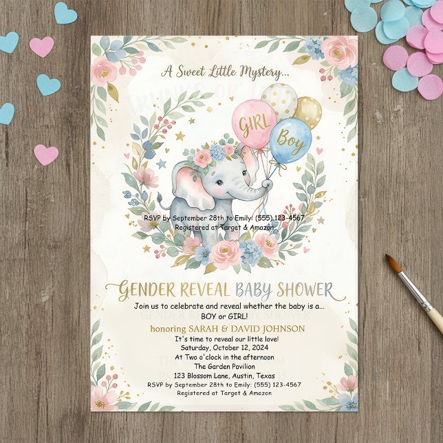Invitación Elephant Gender Reveal Invitation | Pink & Blue Fl (Subido por el creador)