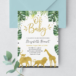 Invitación Elephant Giraffe Wild One Jungle Gold Baby Shower