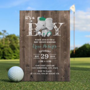 Invitación Elephant Golf Boy Rustic Barn Wood Baby Shower