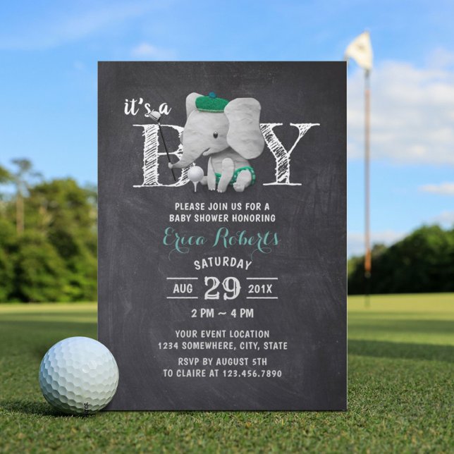 Invitación Elephant Golf Boy Rustic Chalkboard Baby Shower (Subido por el creador)