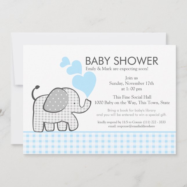 Invitación Elephant Gray Gingham Baby Shower (Anverso)