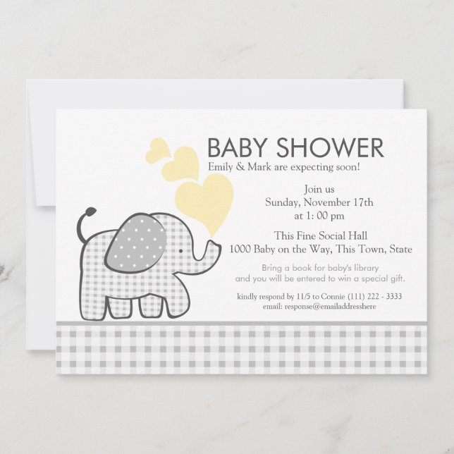 Invitación Elephant Gray Gingham Baby Shower (Anverso)