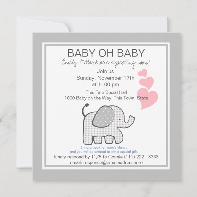 Invitación Elephant Gray Gingham Baby Shower (Anverso)