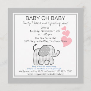 Invitación Elephant Gray Gingham Baby Shower