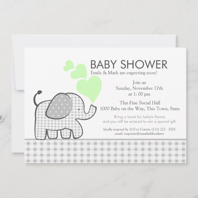Invitación Elephant Gray Gingham Baby Shower (Anverso)