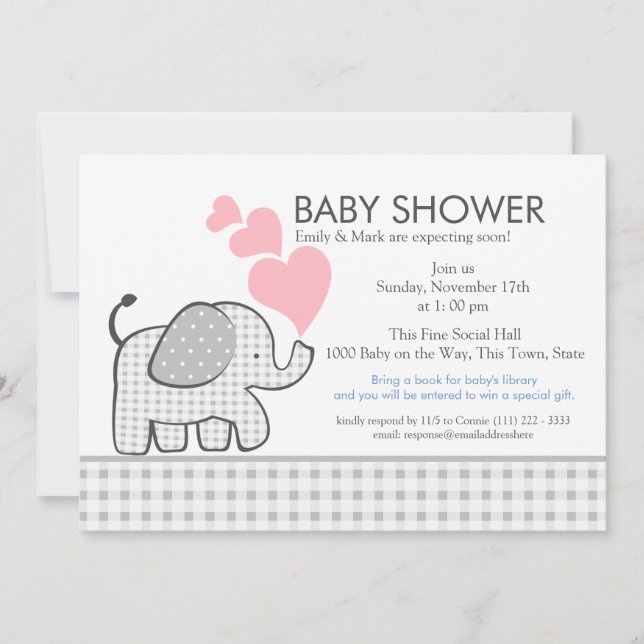 Invitación Elephant Gray Gingham Baby Shower (Anverso)