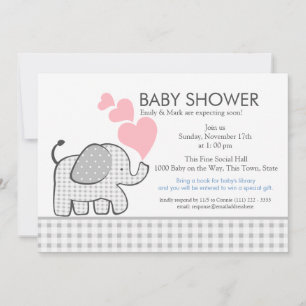 Invitación Elephant Gray Gingham Baby Shower