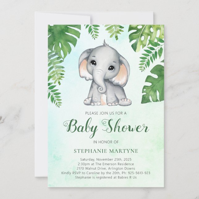 Invitación Elephant Greeneration Foliage Watercolor Baby Show (Anverso)