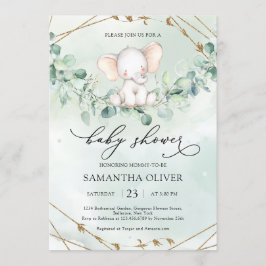 Invitación Elephant Greenery Eucalyptus Oro Bebé Geométrico