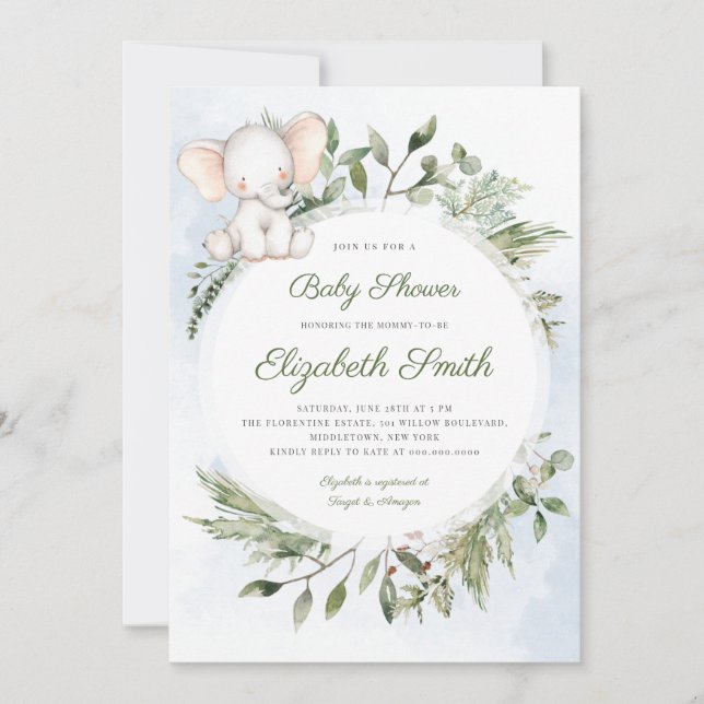 Invitación Elephant Greenery Foliage Boy Blue Baby Shower (Anverso)