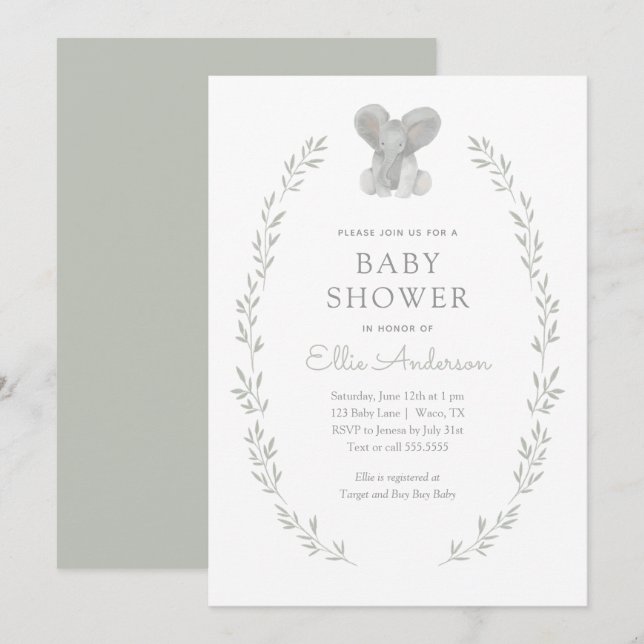 Invitación Elephant Greenery Gender Neutral Baby Shower (Anverso / Reverso)