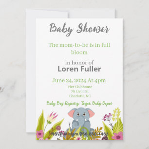 Invitación Elephant Grey Flowers Chica Baby Shower Boy