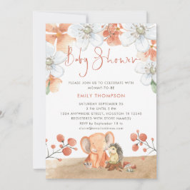 Invitación Elephant Hedgehog Florals Coral Chica Baby Shower