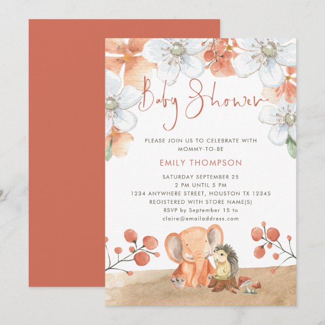 Invitación Elephant Hedgehog Florals Coral Chica Baby Shower (Anverso / Reverso)