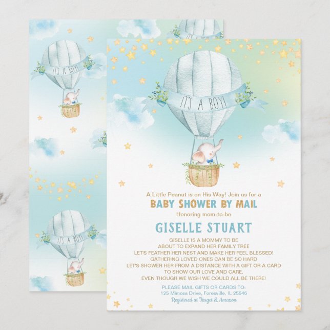 Invitación Elephant Hot Air Balloon Baby Shower de Mail Boy (Anverso / Reverso)