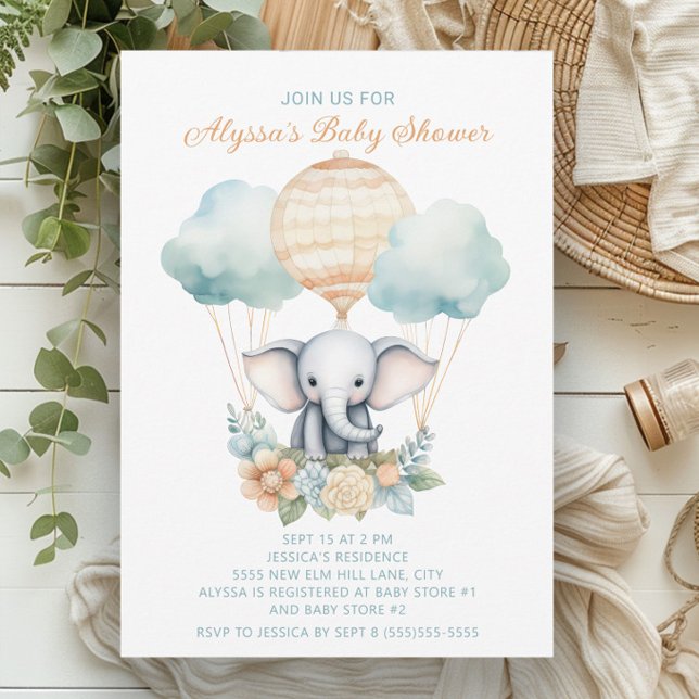 Invitación Elephant Hot Air Balloon Blue Peach Boy (Baby elephant and balloons baby boy shower invitation)