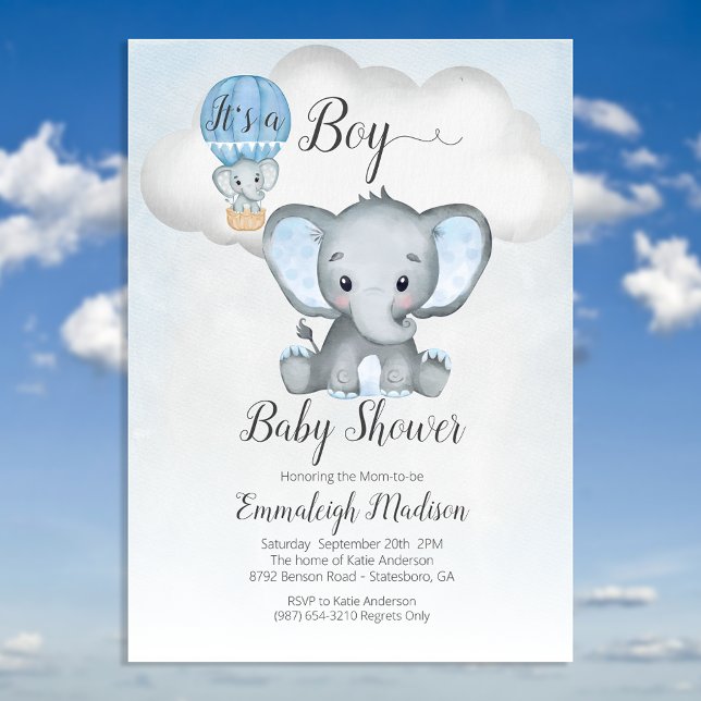 Invitación Elephant Hot Air Balloon Boy Baby Shower | Entrada (Subido por el creador)