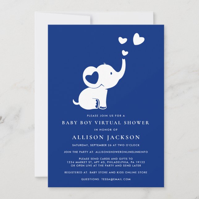 Invitación Elephant Minimal Baby Boy Virtual Shower Naval Azu (Anverso)