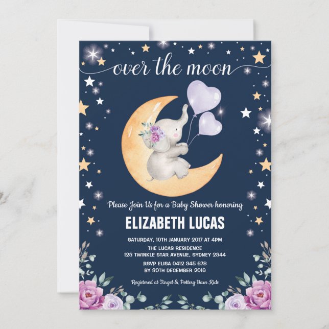 Invitación Elephant Moon Twinkle Little Stars Baby Shower (Anverso)