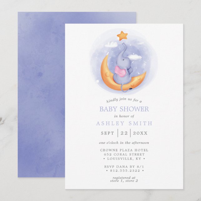 Invitación Elephant Moon Watercolor Whimsical Baby Shower (Anverso / Reverso)