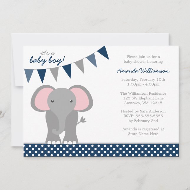Invitación Elephant Navy Polka Dot Banner Boy Baby Shower (Anverso)