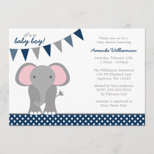 Invitación Elephant Navy Polka Dot Banner Boy Baby Shower